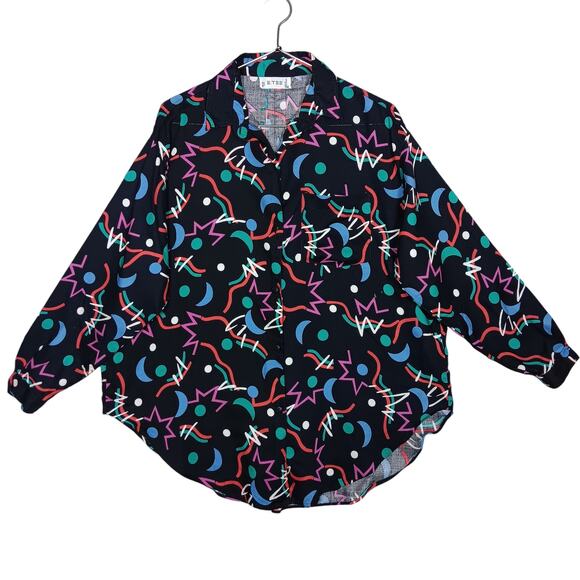 VTG 90's E. TEE Colorful Confetti Print Shirt Size Medium Oversized Long Sleeve - Picture 3 of 9
